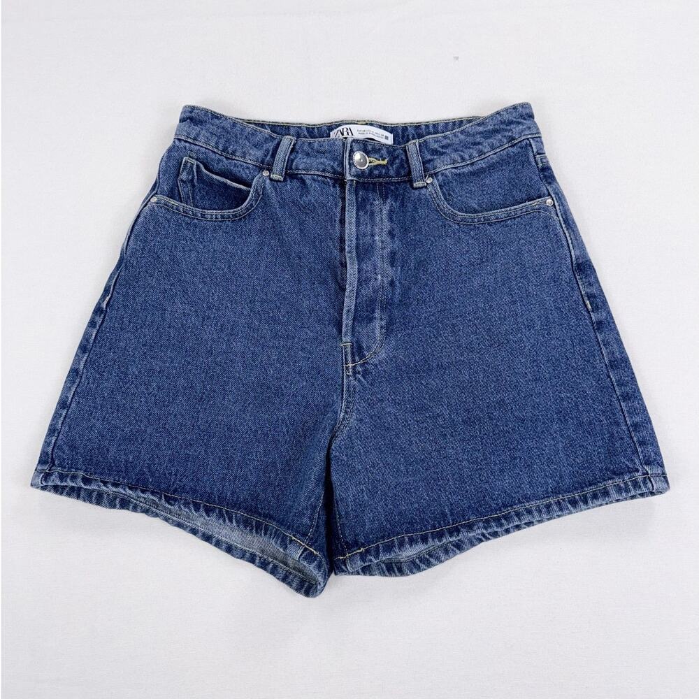 Zara High Waist Button Fly Mom Denim Jean Short Women's 6 Blue